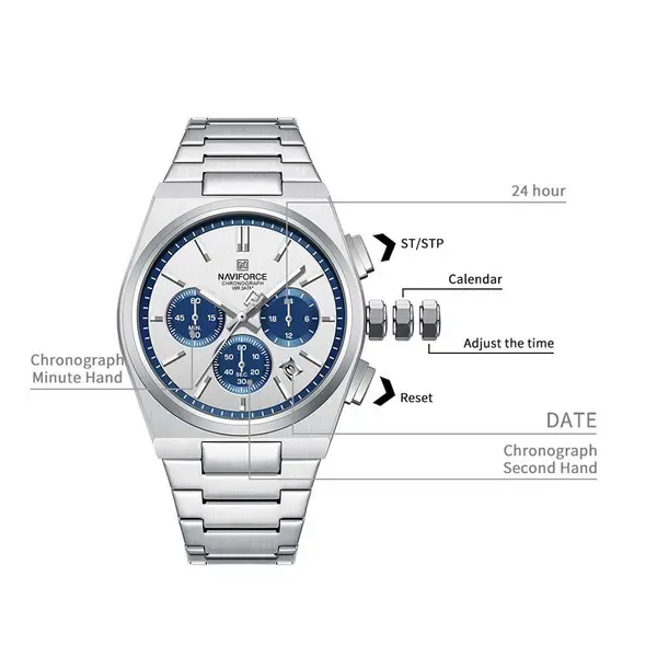 Naviforce NF8048 High Quality Stainless Steel Chronograph Classic Stylish Couple's Watch – Dial Color: Blue, Strap Color: White – View 5
